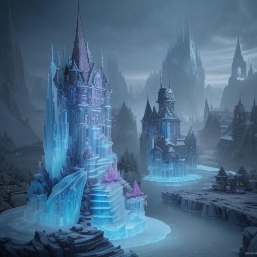 Fantastical Ice Sculpture Fairy Town in 8k