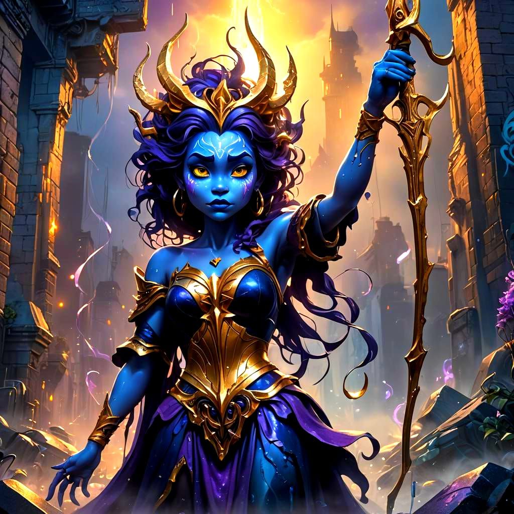 Ursula holding the trident with tears flowing down her face, eyes filled with regret.