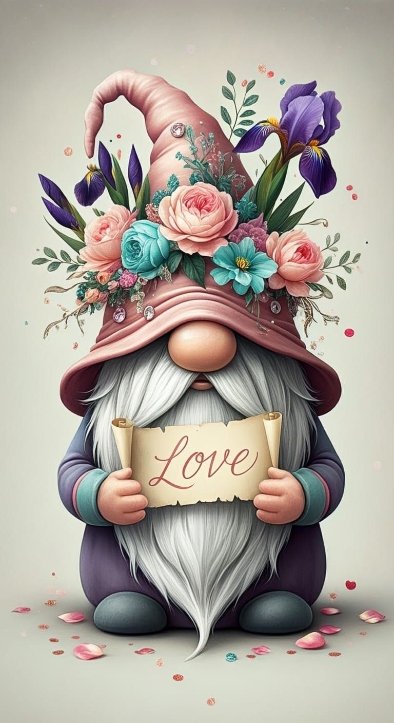 Whimsical Gnome with Floral Hat and Love Scroll