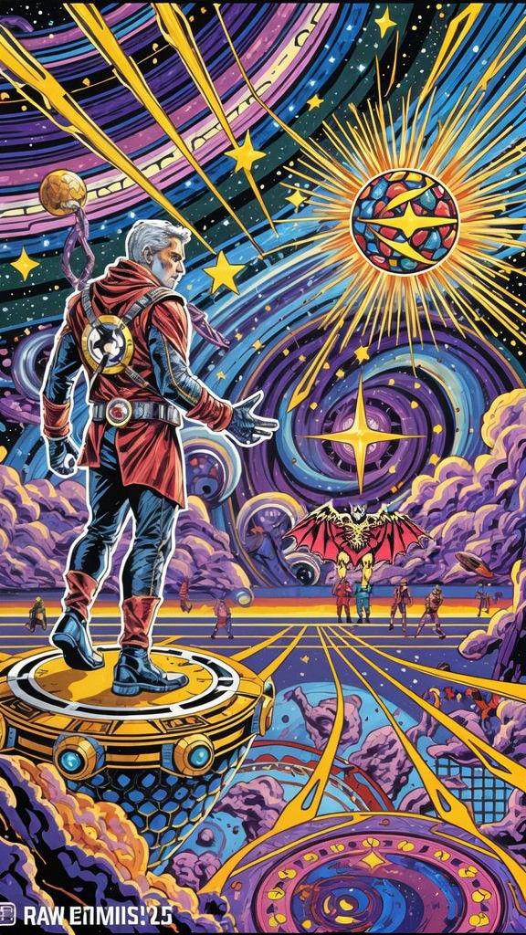 Heroic Cosmic Voyager Enters Swirling Celestial Gateway