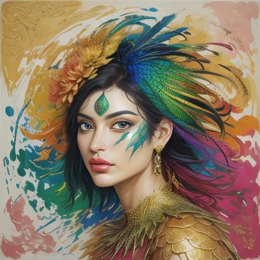 Dragon Peacock Woman in Abstract Expressionist Style