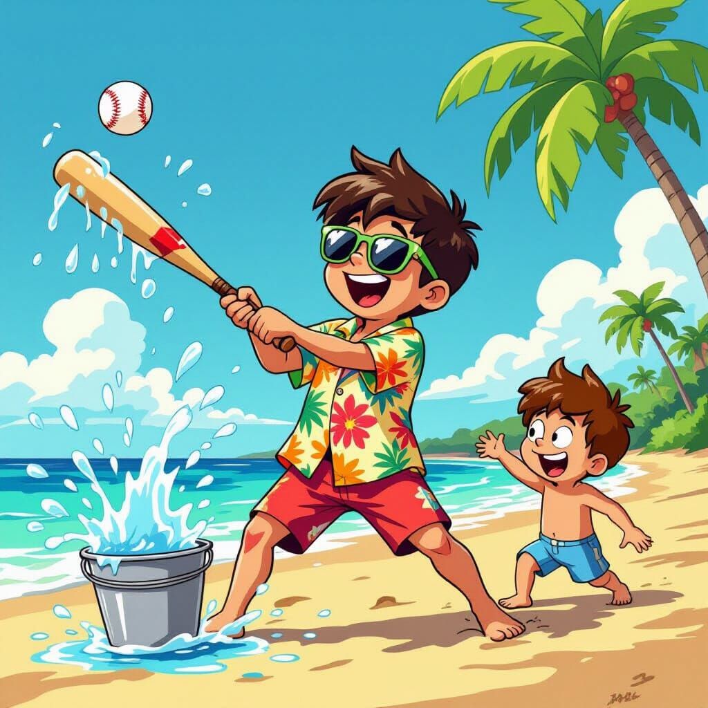 Boy's Beach Baseball Game in Cartoon Style