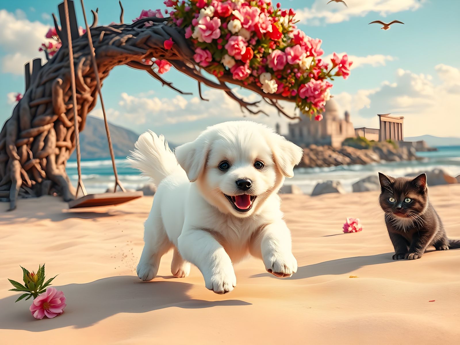 Joyful Kuvasz Puppy Plays with Sleepy Cat on Vibrant Beach