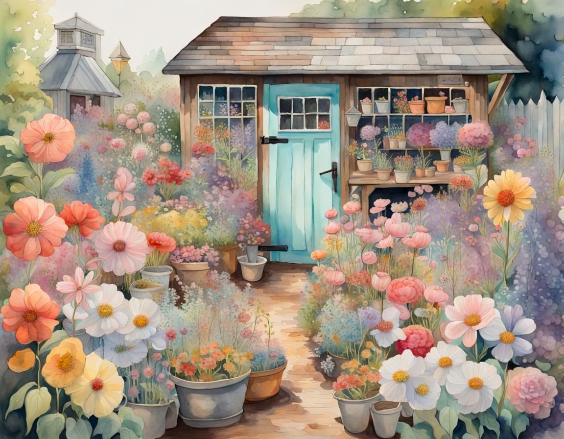 Flower Garden With Shed in Watercolor Style