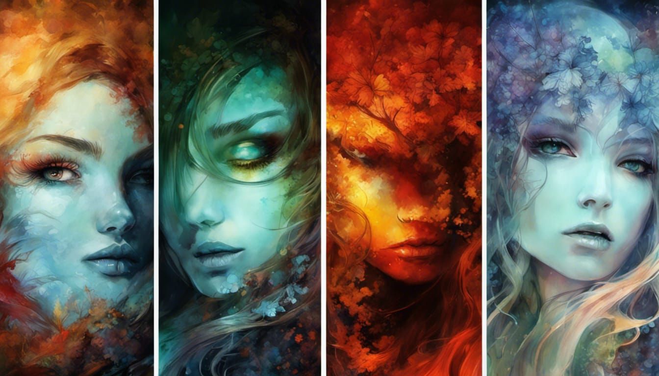 Fantasy Seasonal Quadtych in Digital Art Style