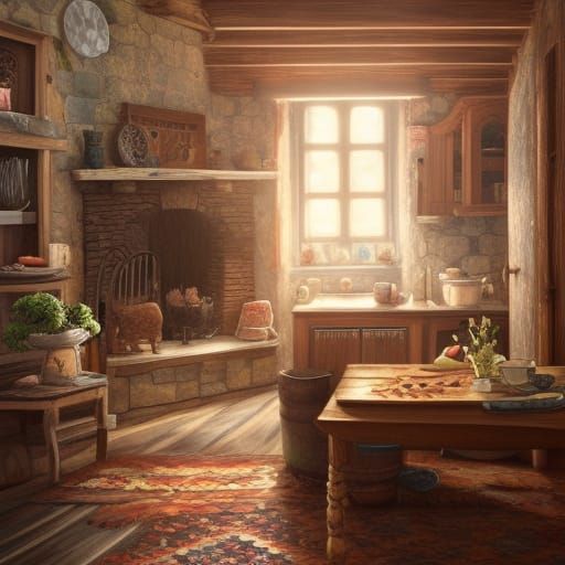 Cozy Cottage Kitchen with Fireplace and Flowers