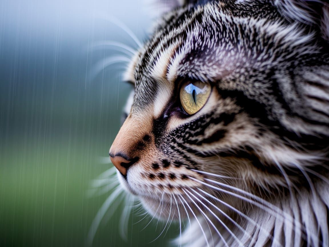 Serene Feline Portrait in Rainy Landscape