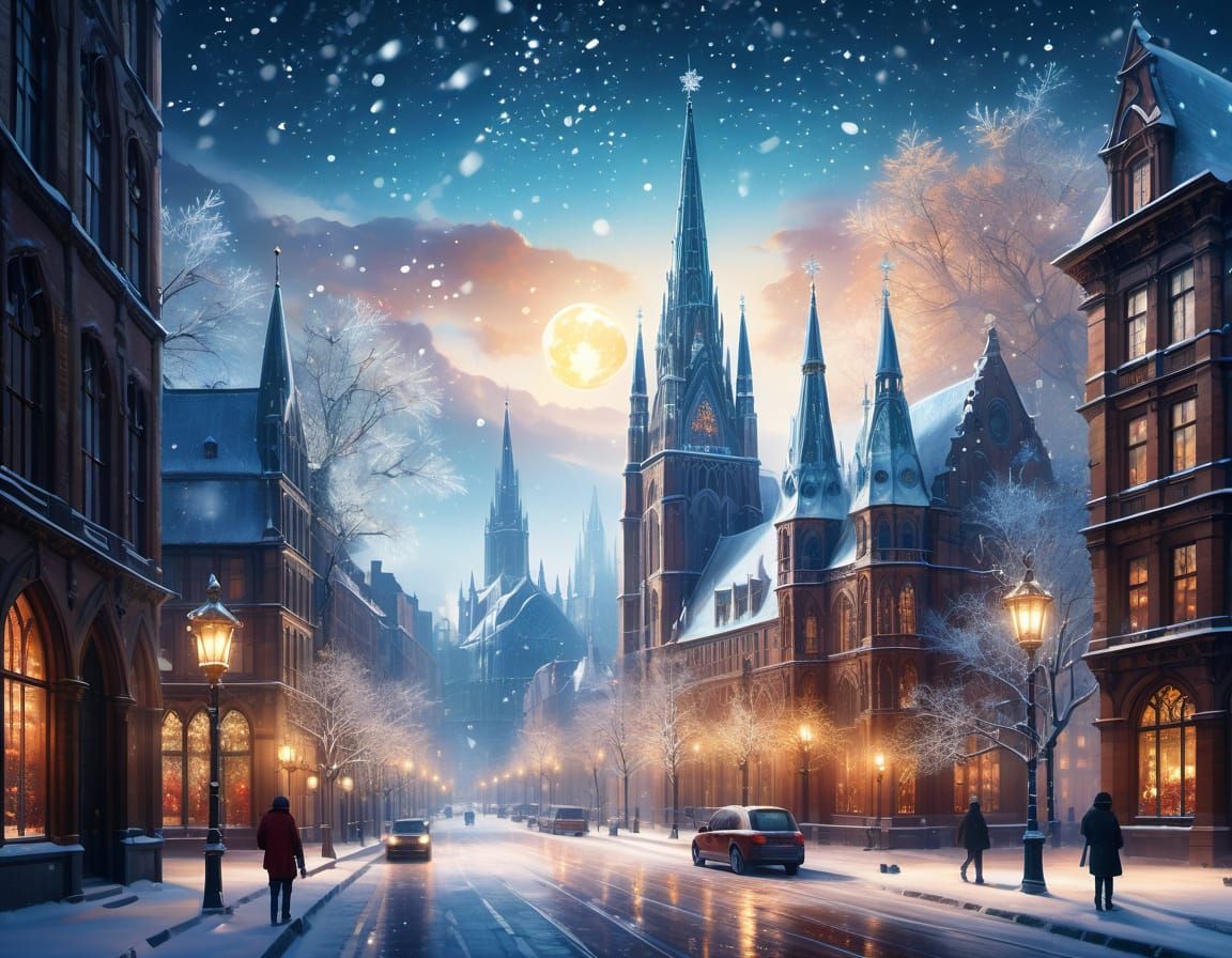 Ethereal Winter Cityscape Inside a Glass Apple in Vibrant Oi...