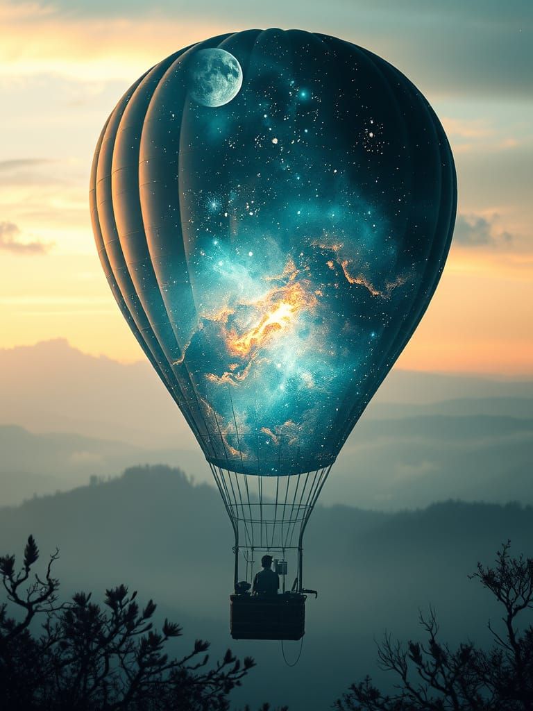 Surreal Hot Air Balloon Galaxy Double Exposure