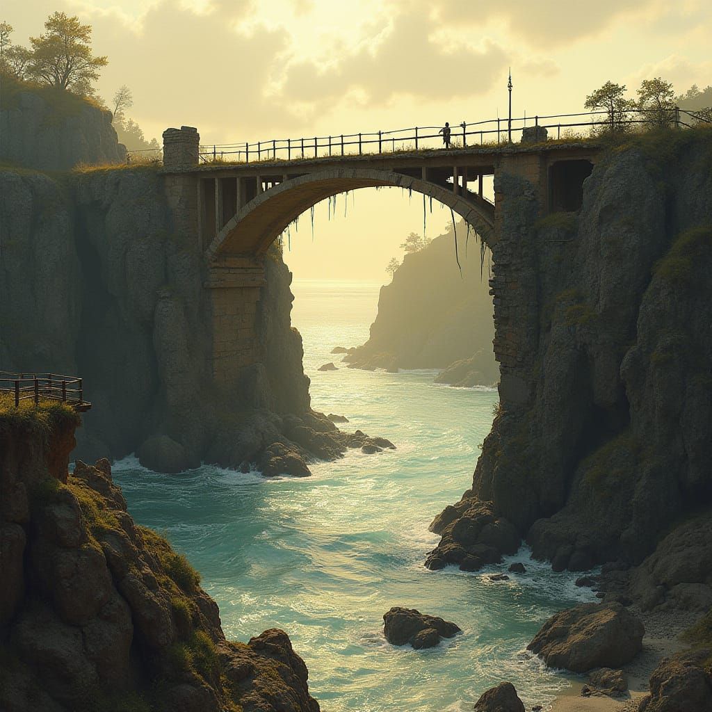 Ruined Bridge Over Rocky Shores in Warm Golden Light