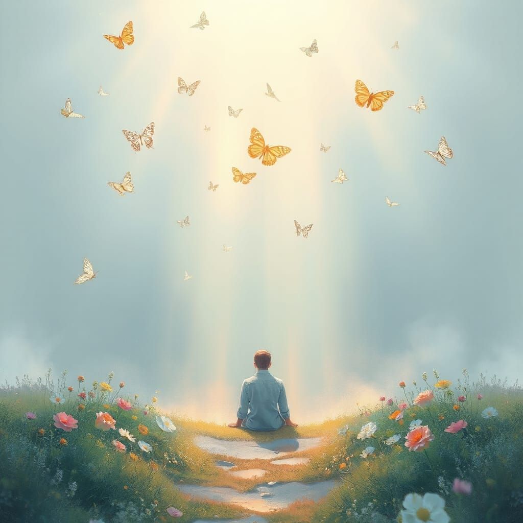 Tranquil Garden Scene: Soul Blooming Amidst Ethereal Light