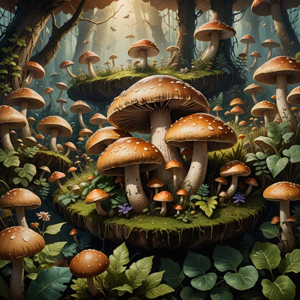 Surreal Fungi Landscape in Impressionist Oil Painting Style