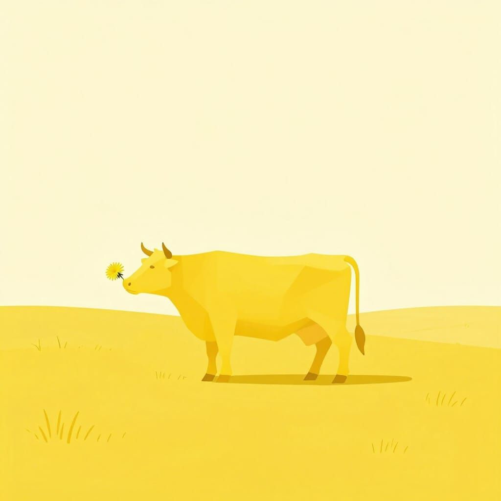 Minimalist Yellow Cow in Geometric Landscape