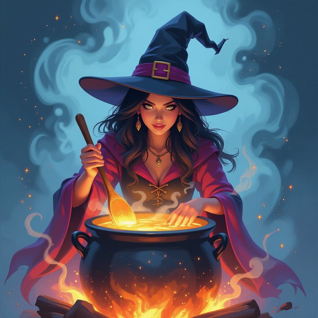 Colorful Witch Stirring Cauldron with Smoke, Art Nouveau Sty...