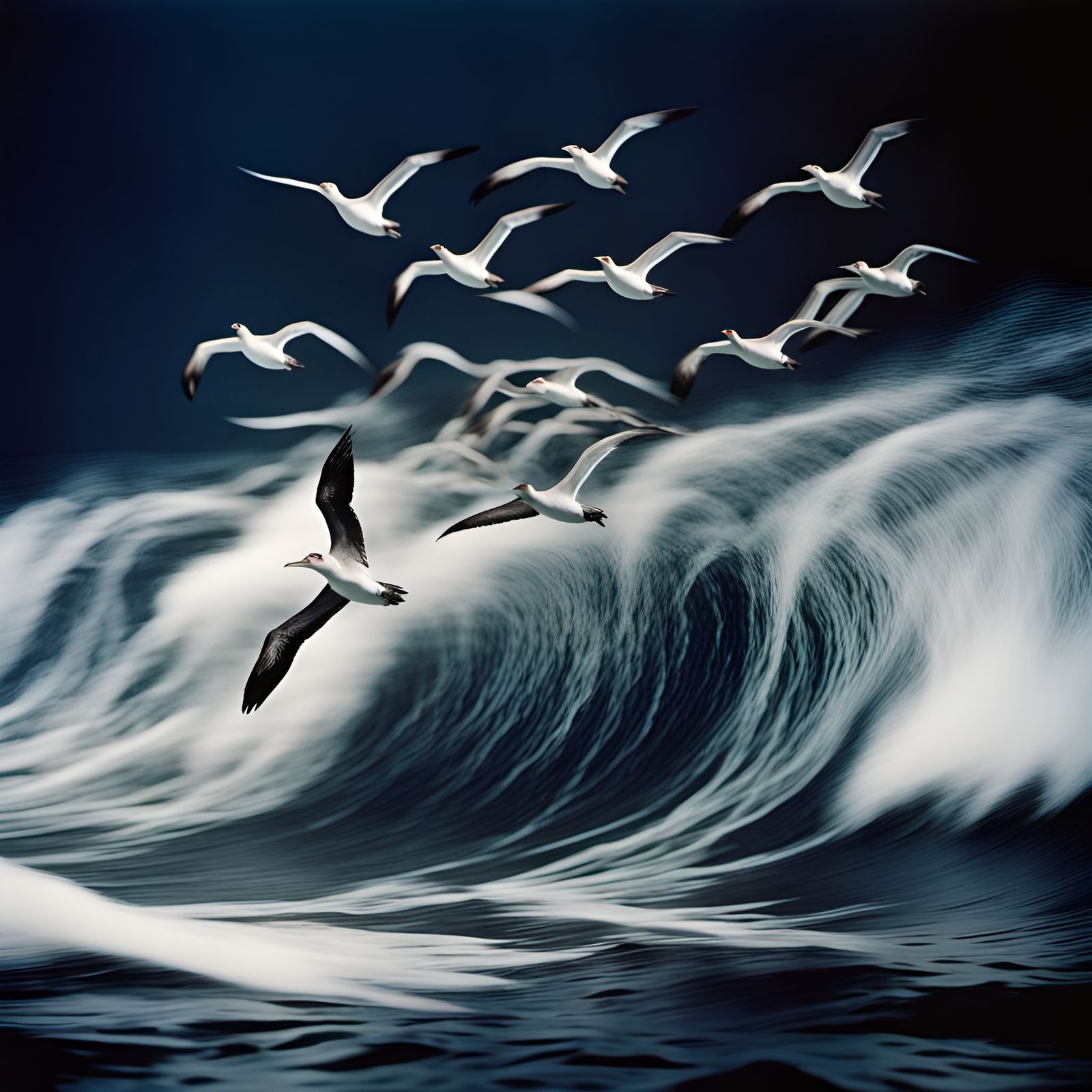 Flying Albatrosses (motion photography, stroboscopic effect)
