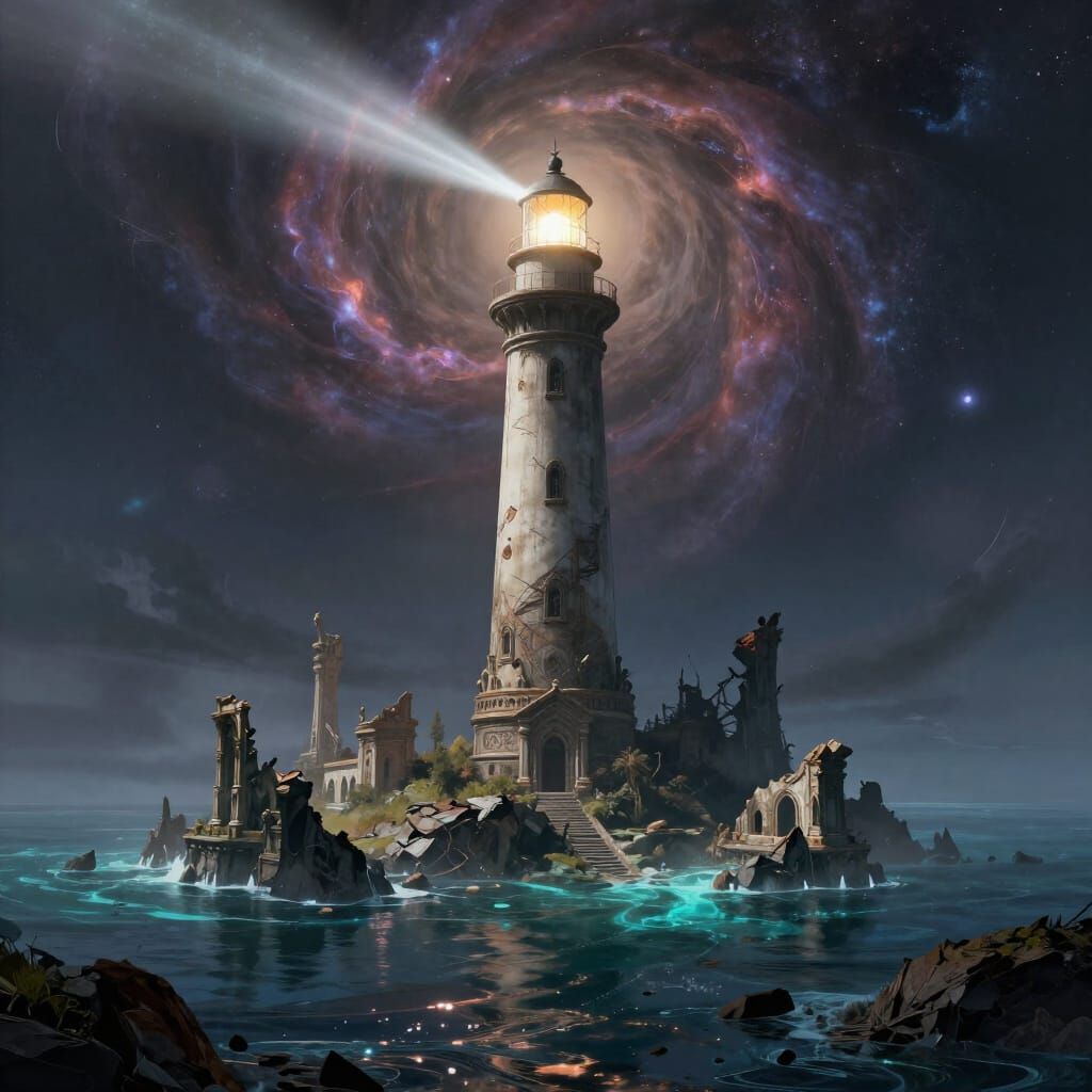 Colossal Ancient Lighthouse on Crumbling Island in Nebula