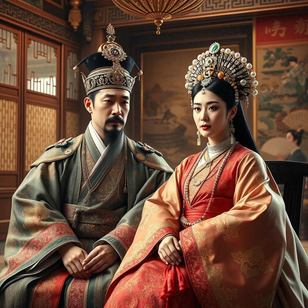 Korean Royal Couple in Elaborate Hanbok Attire, in a Hyper-R...
