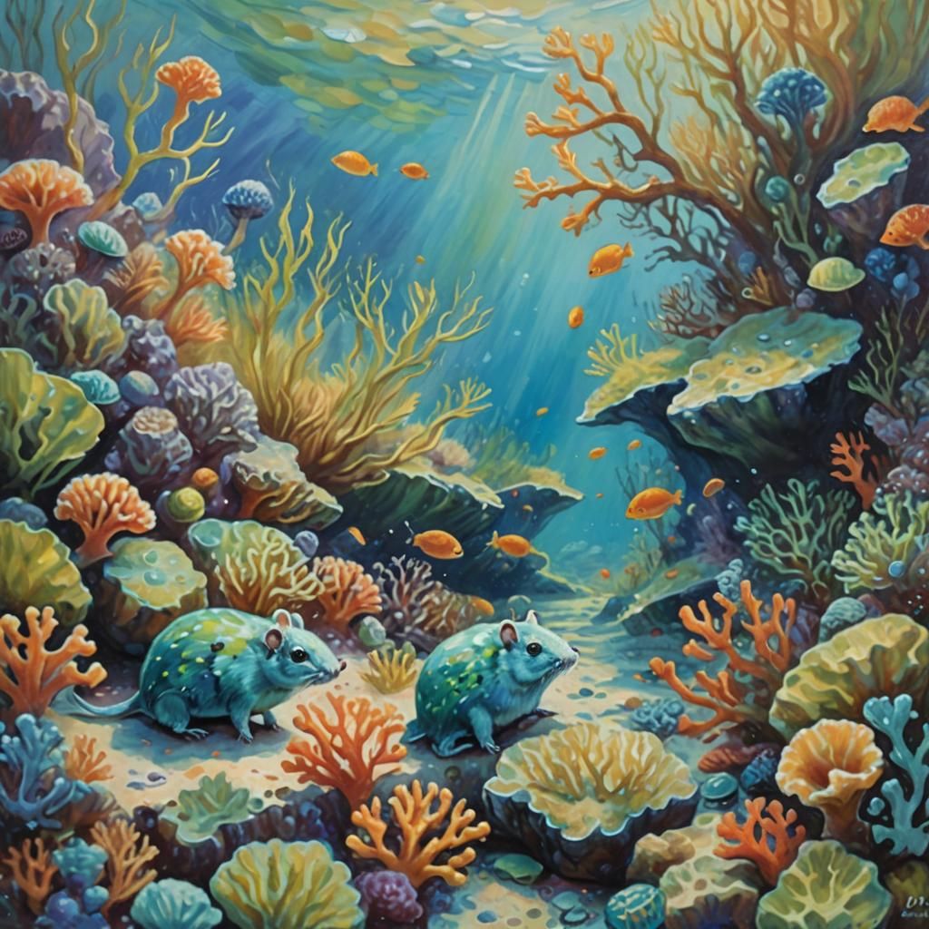 Sea Mice Discover Coral Reef: Impressionist Oil Painting