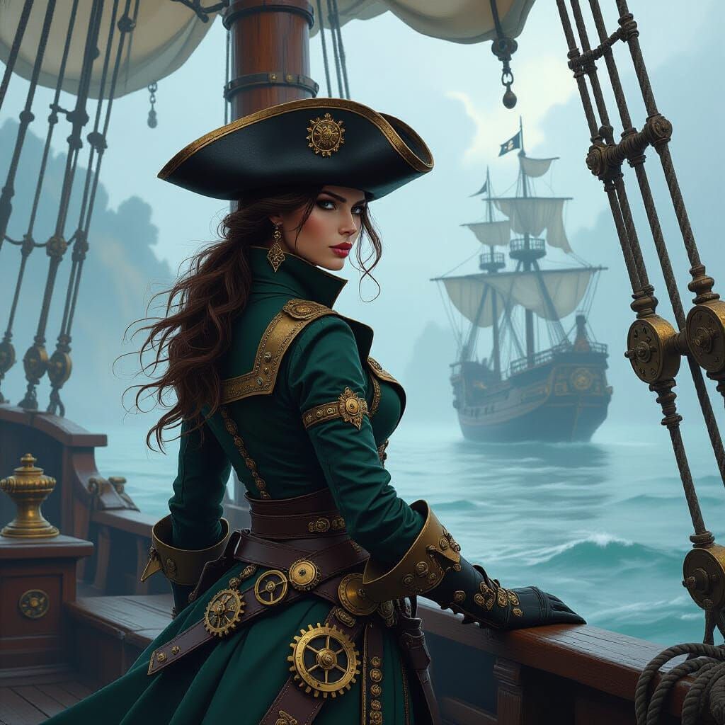 Steampunk Pirate Captain Surveys Mist Island in Dramatic Sty...