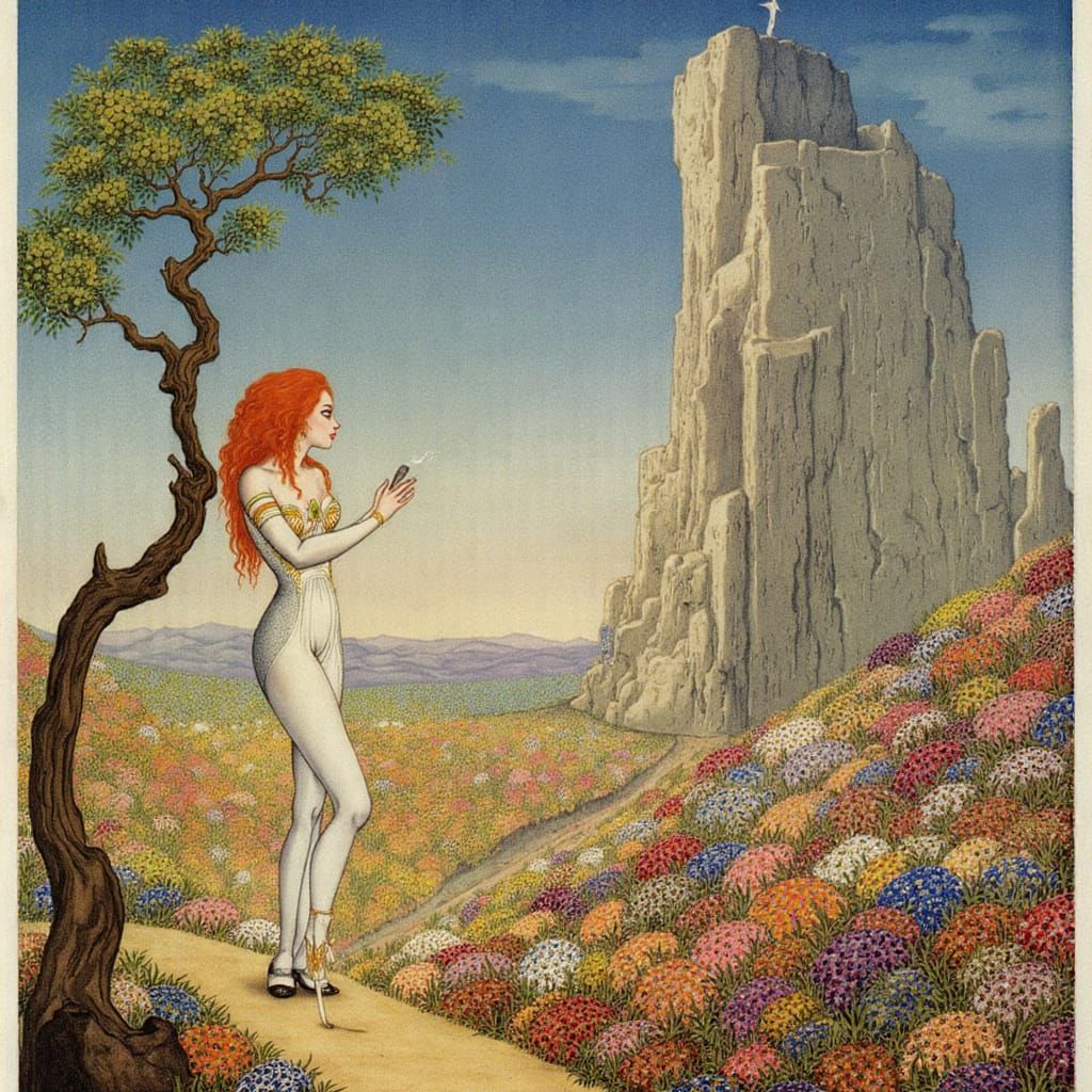 Brunilde in Tunic Amidst Flower Fields