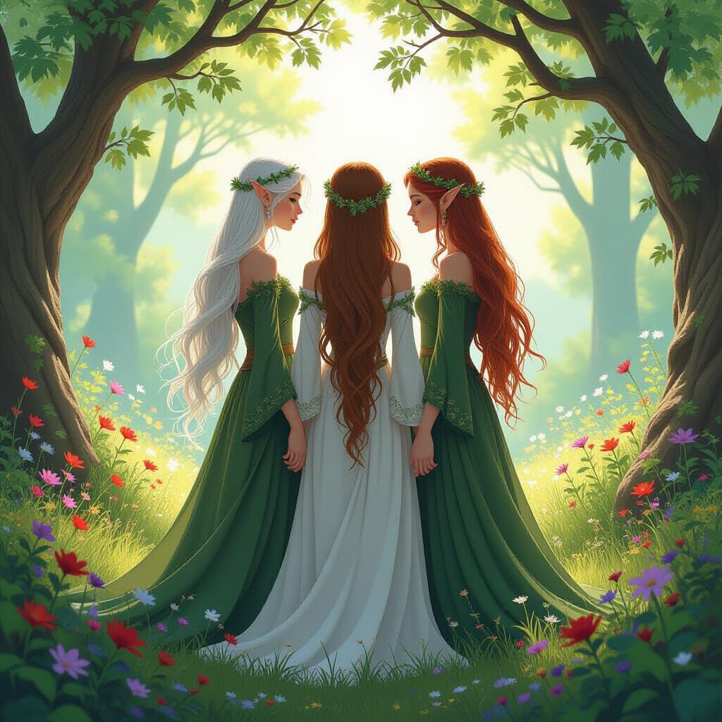 Elven Sisters in Sunlit Grove, Dreamy Art Style