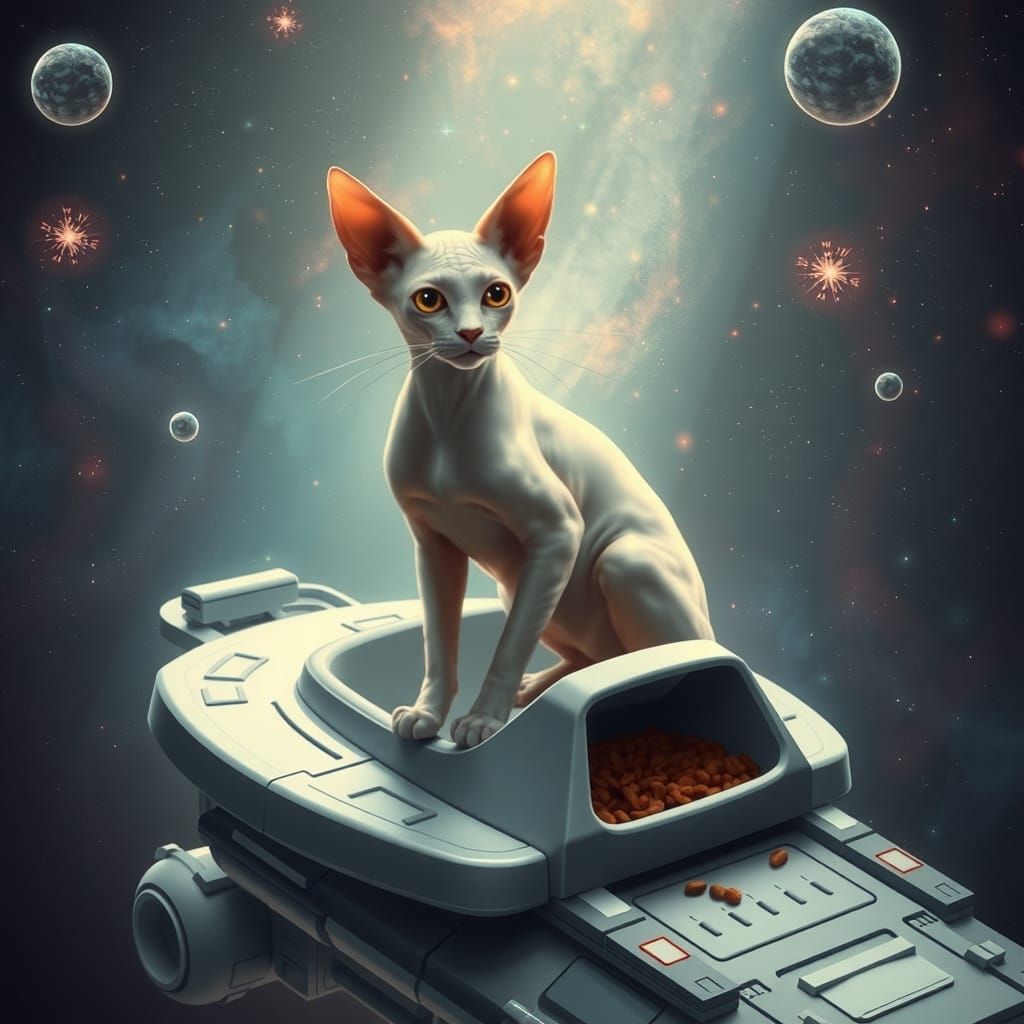 Sphynx Cat on Spaceship in Cosmic Illustration
