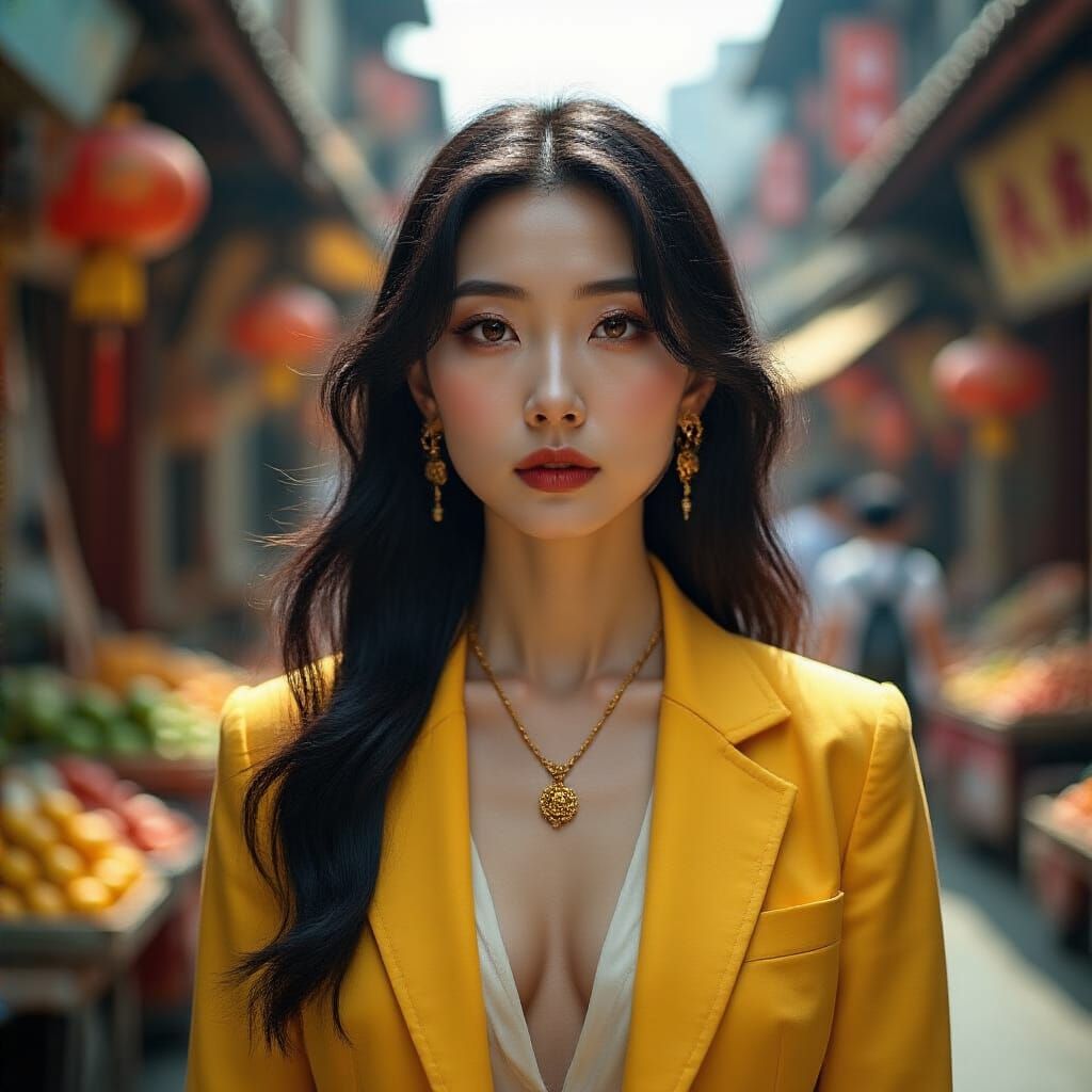 Hyperrealistic Chinese Woman in Shanghai Marketplace