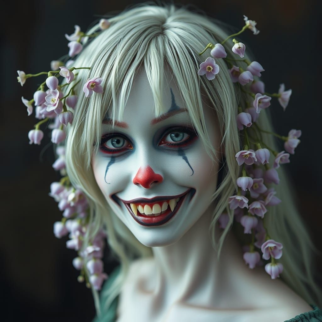 Whimsical Eldritch Entity with Wisteria Hair and Clown Makeu...