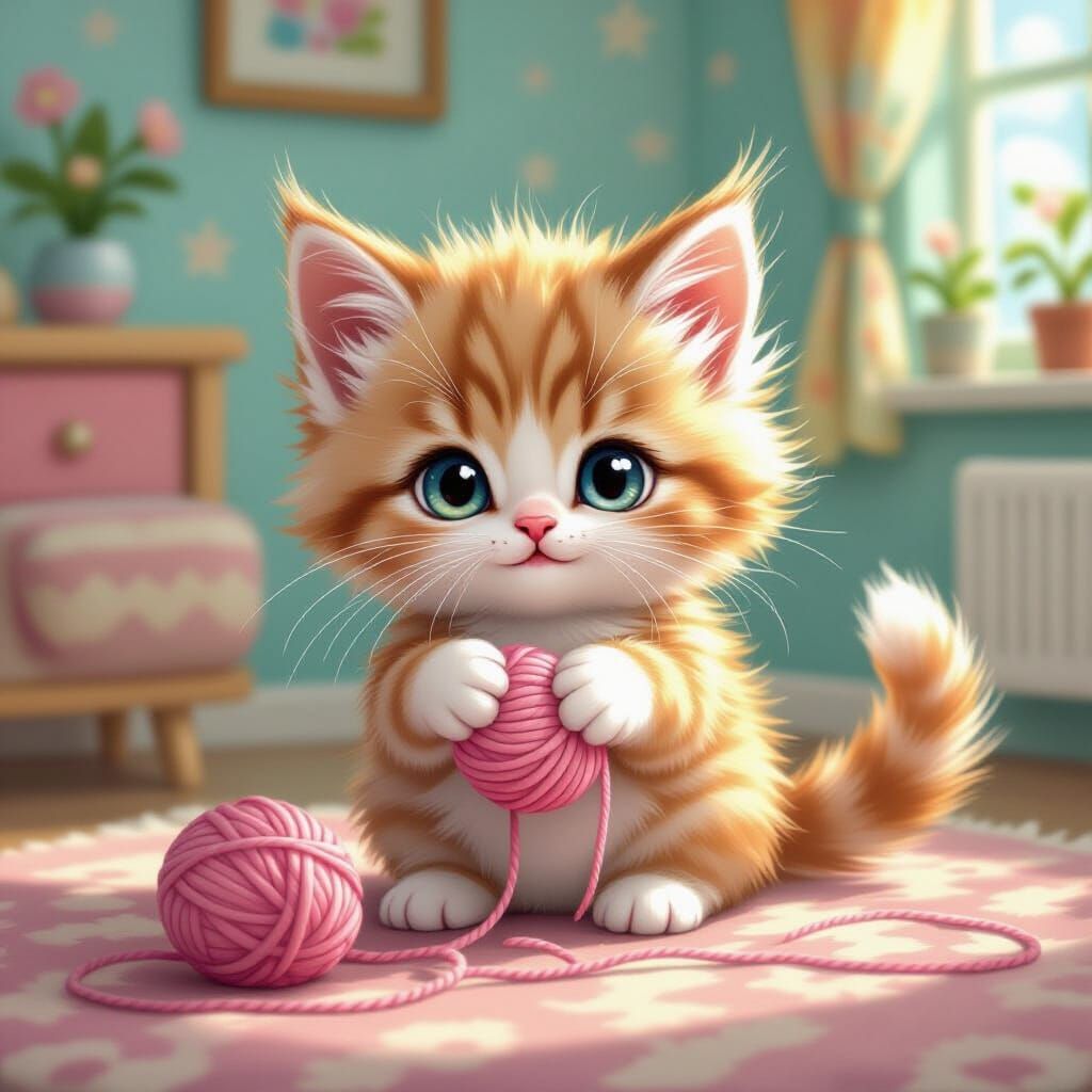 Pastel Kitten with Yarn, Pop Surrealism Style