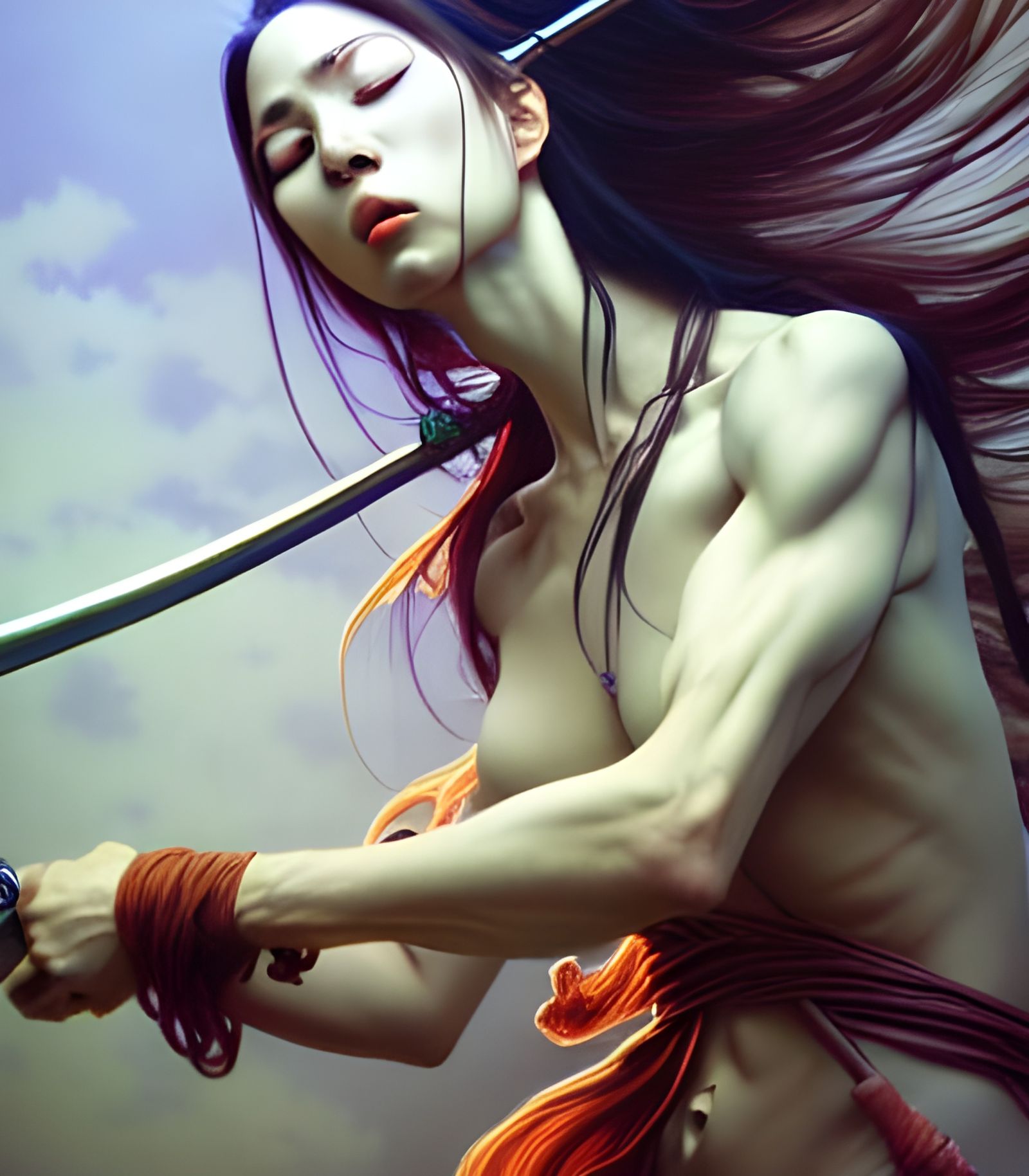 Anime Woman with Sword in Beksiński Style