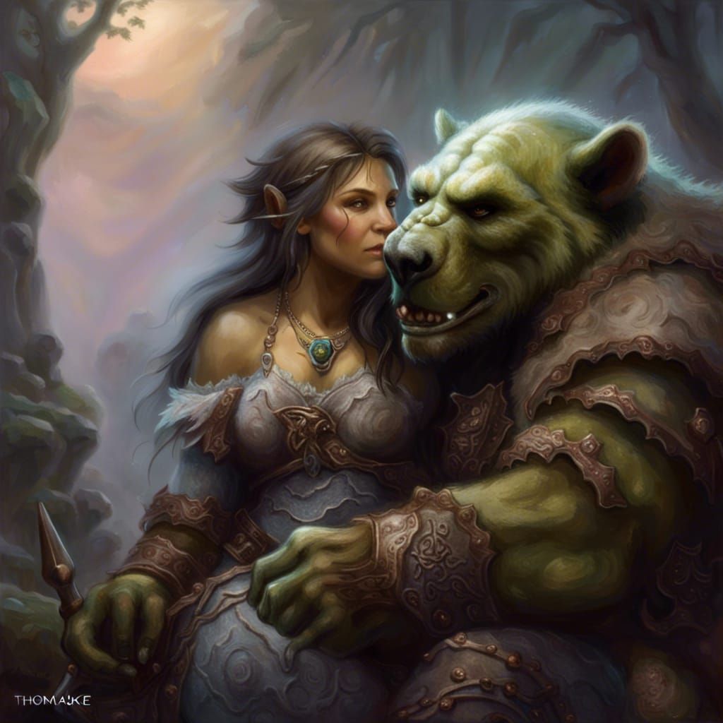 A orcish woman and a bugbear