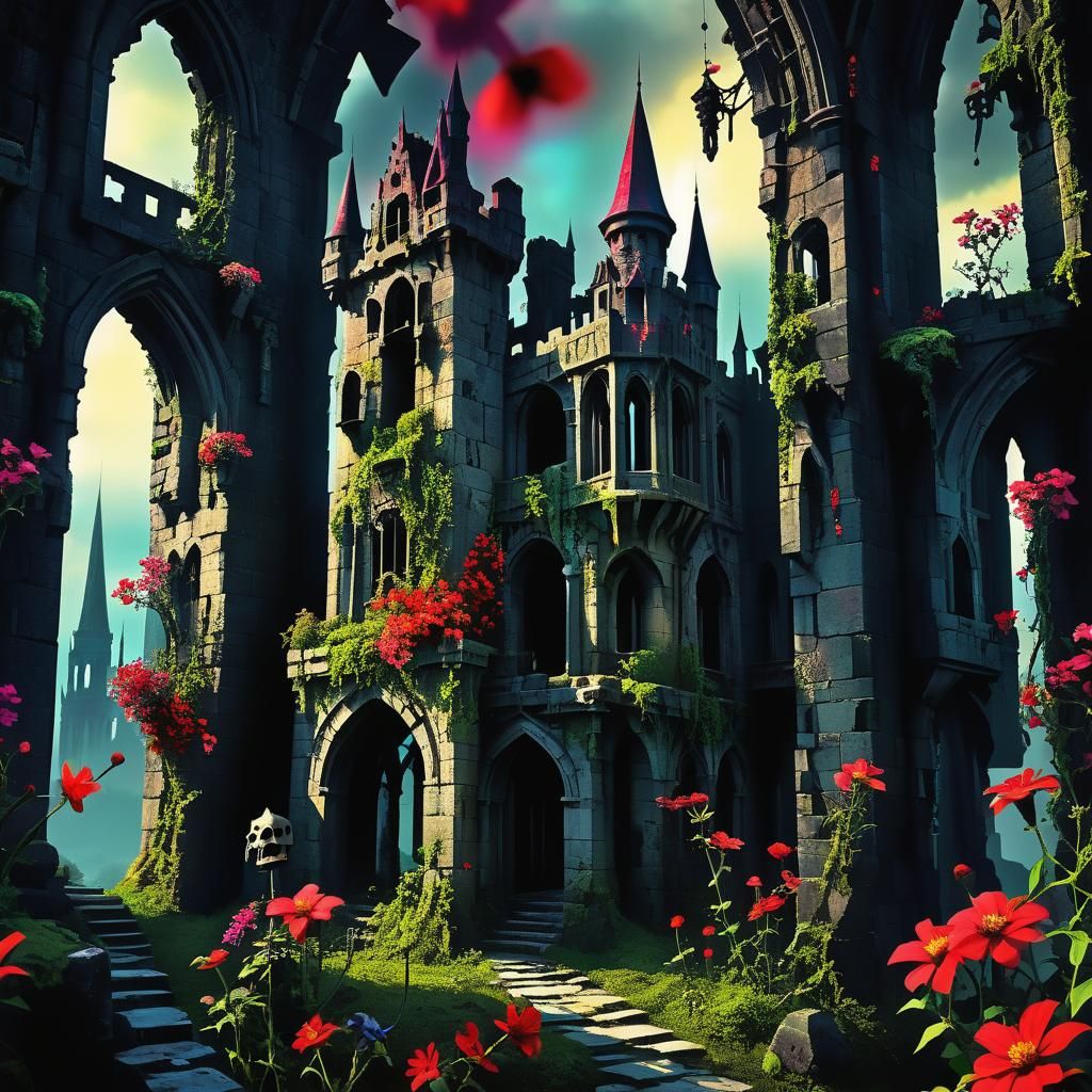 Surreal Skeletons Gamble in Darkpunk Castle Ruins