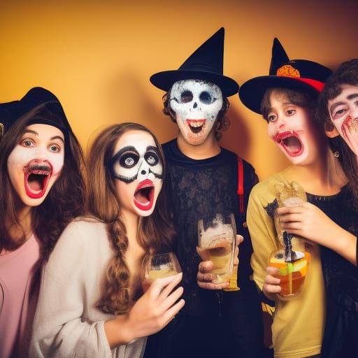 Halloween Party with Teens in Hyperrealistic Style