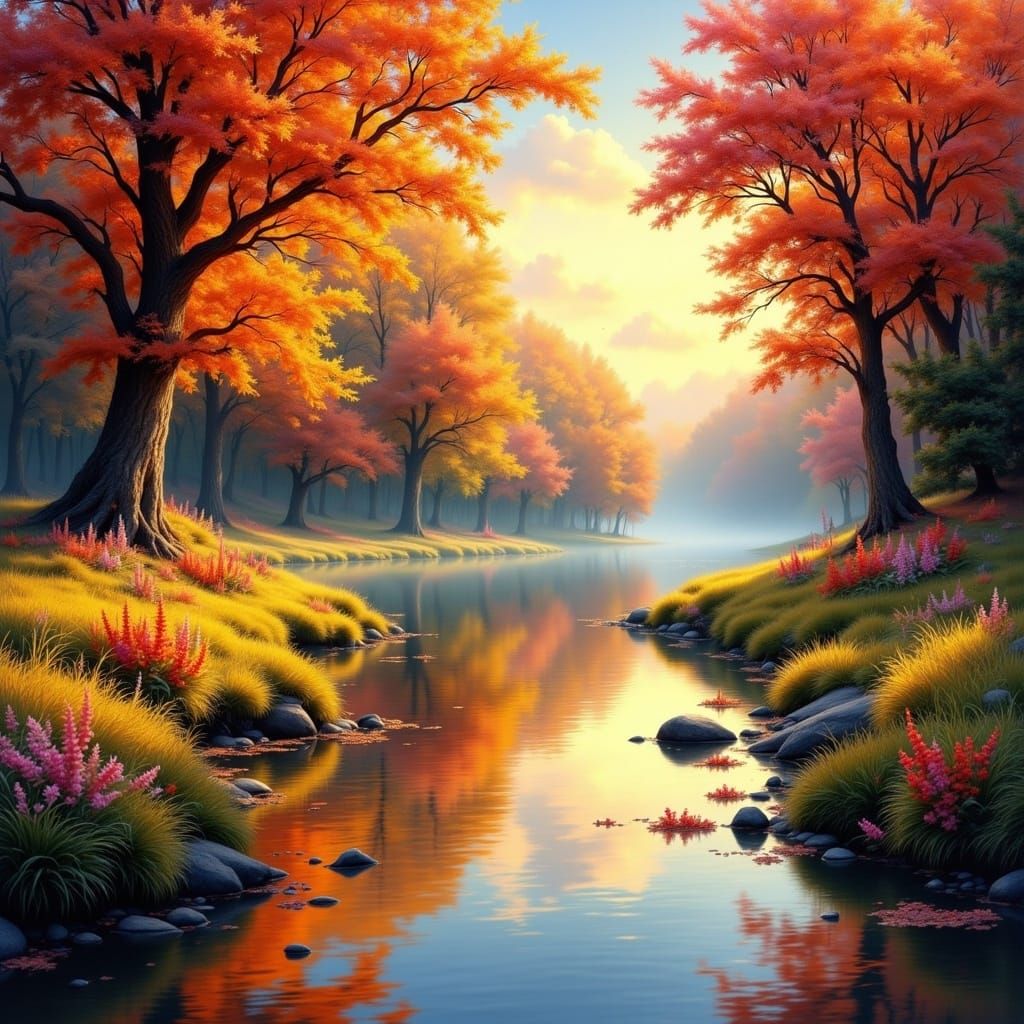 Autumn Riverbank in Pastel Oil Painting Style