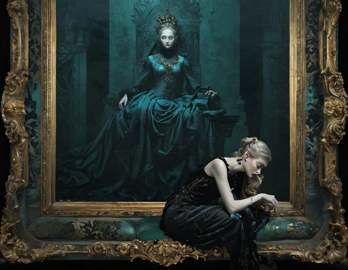 Gothic Luminescence: Woman on Turquoise Chaise Lounge