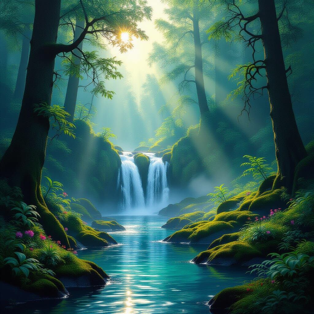 Hyperrealistic Misty Forest Waterfall at Dawn
