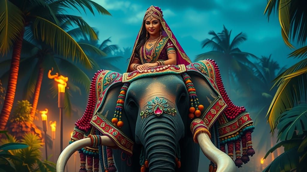 Indian Bride on Beaded Elephant in Tropical Forest