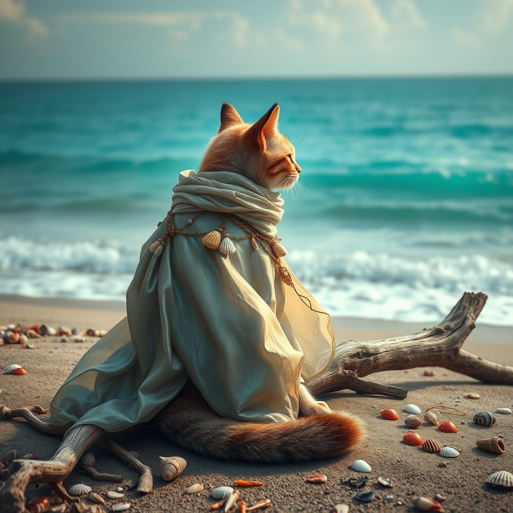 Serene Cat in Turquoise Ocean Landscape