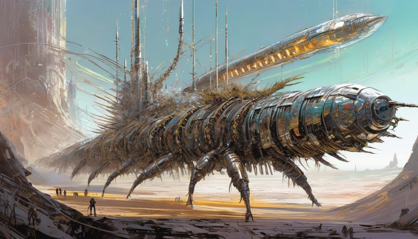 Centipede Spaceship Descending on Alien Planet