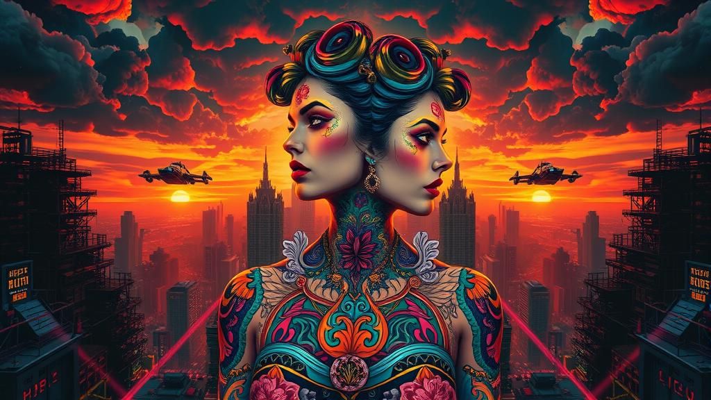 Cyberpunk Woman in Dystopian Metropolis at Sunset