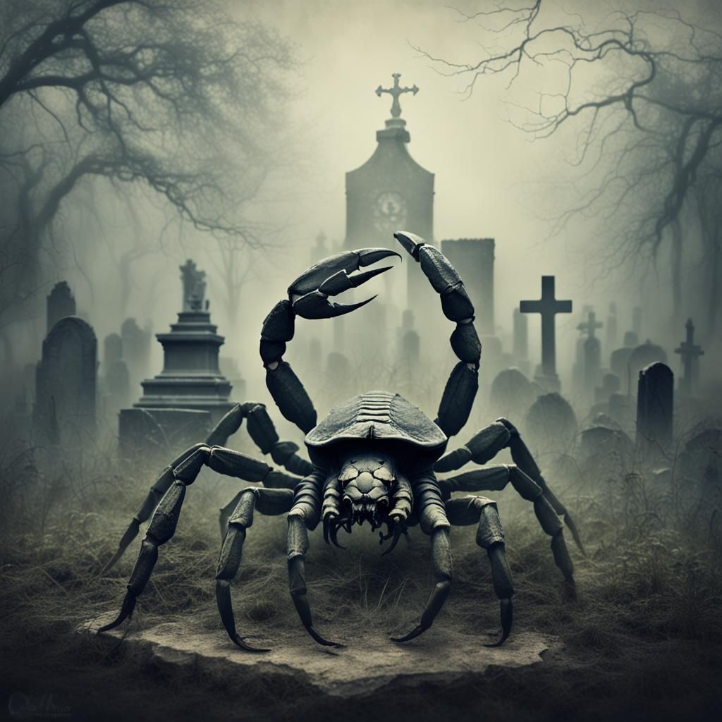 Scorpion in Foggy Graveyard: Distressed Fantastic Realism