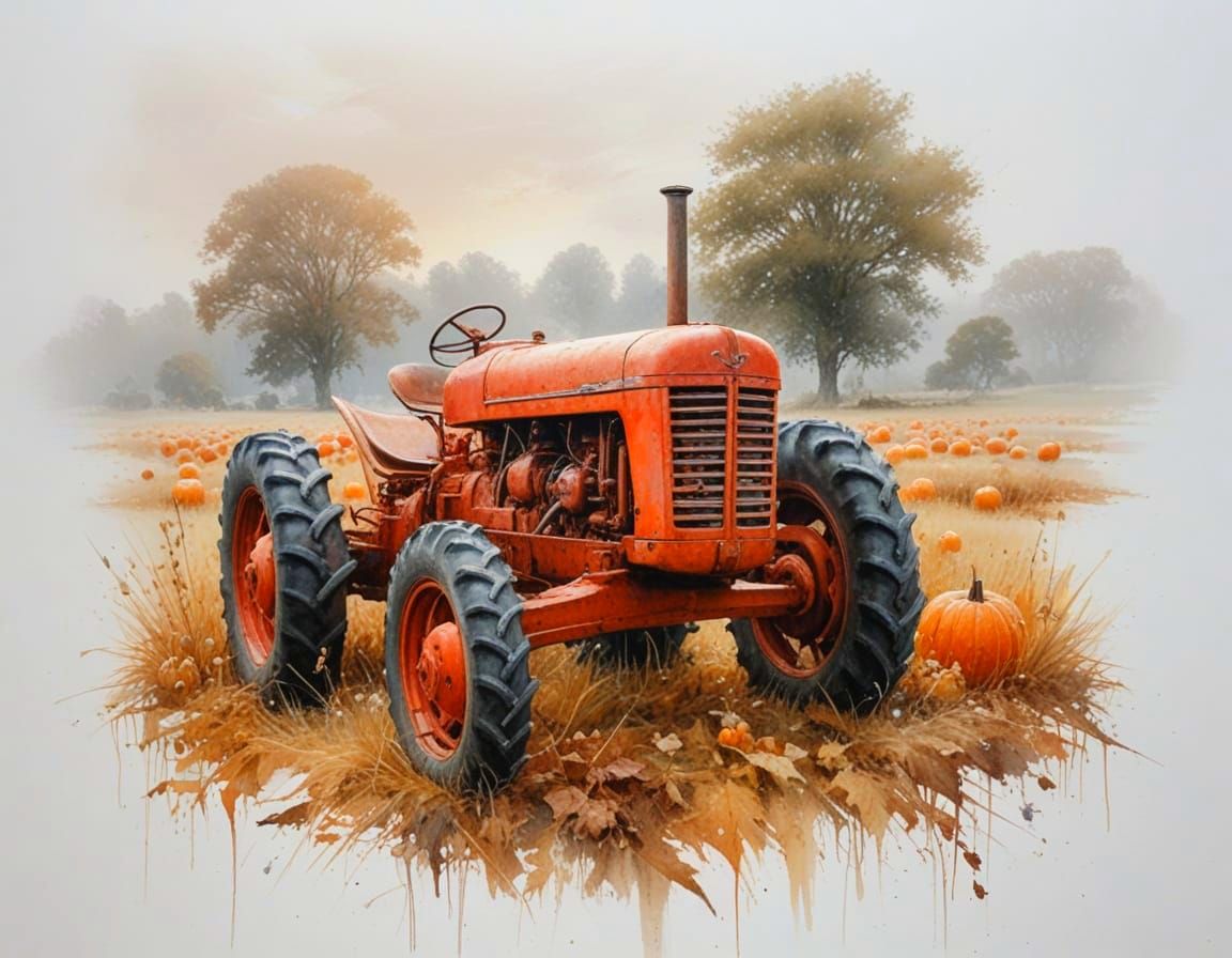 Misty Sunrise Over Pumpkin Field With Old Tractor