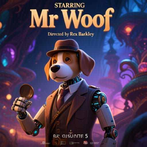 Robotic Dog Detective Movie Poster in Matte Painting Style