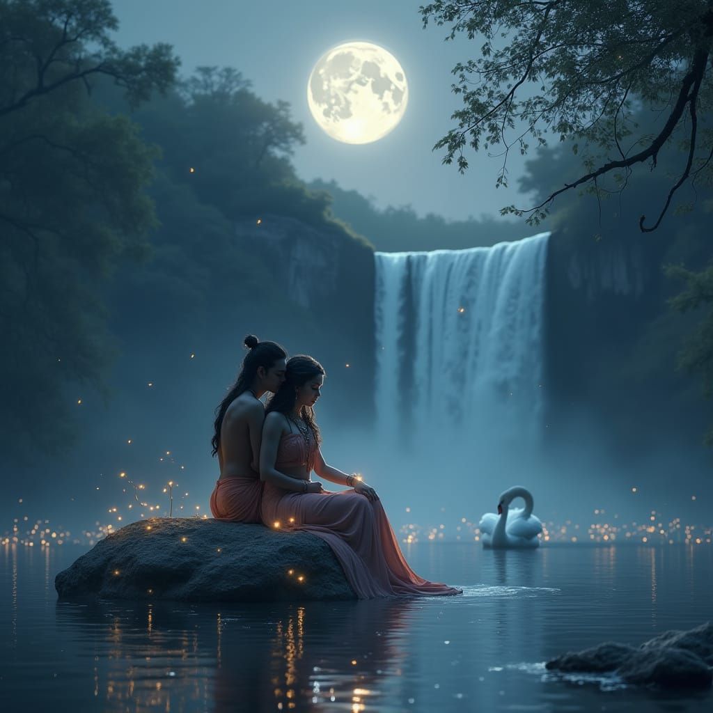 Shiva and Parvati Under Moonlight: Digital Art