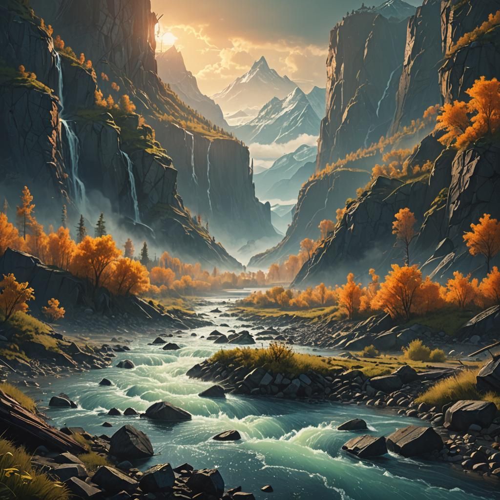 Mountains Shatter Releasing Rivers, Matte Painting