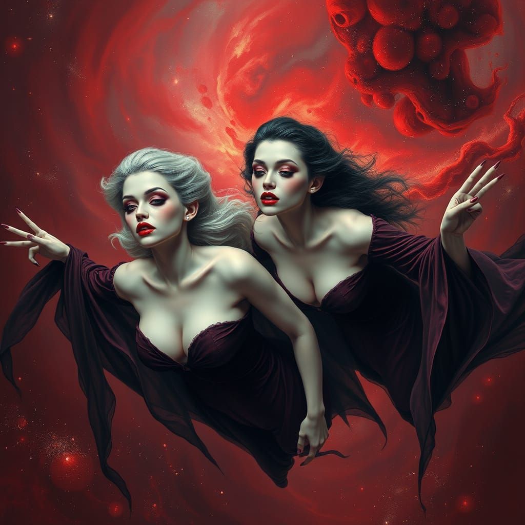 Glamorous Vampires Floating in Blood Galaxy in Cyberpunk Aes...