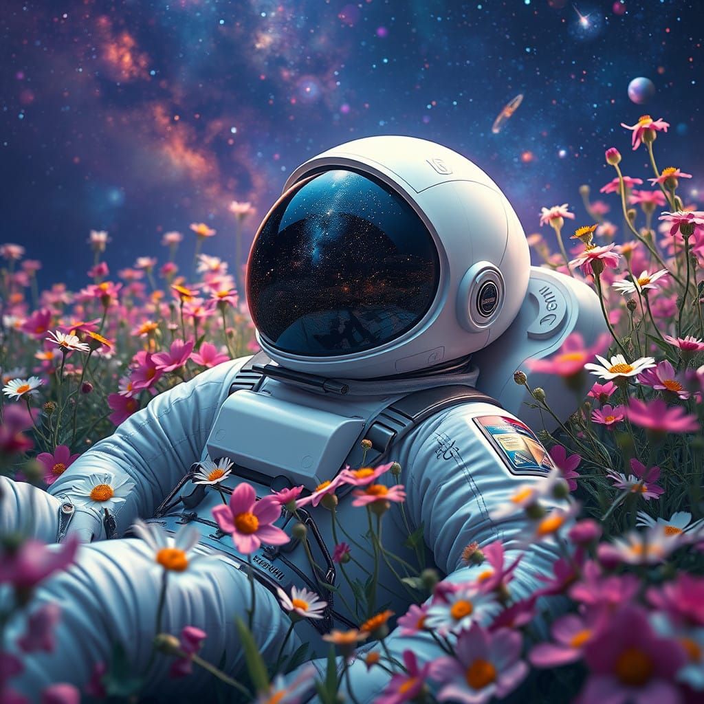 Surreal Astronaut in a Vibrant Garden of Blooming Wildflower...