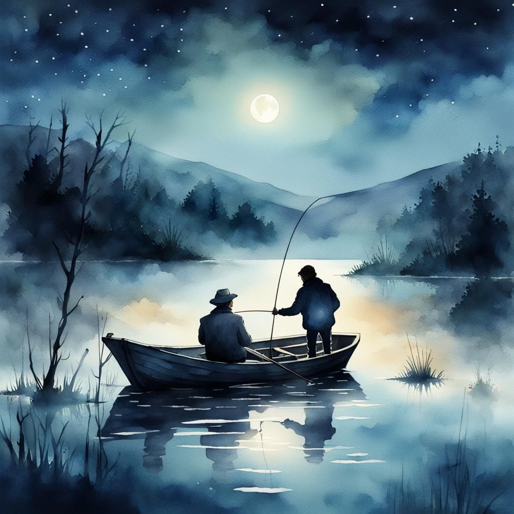 A man in a fishing boat fishing on a lake at night