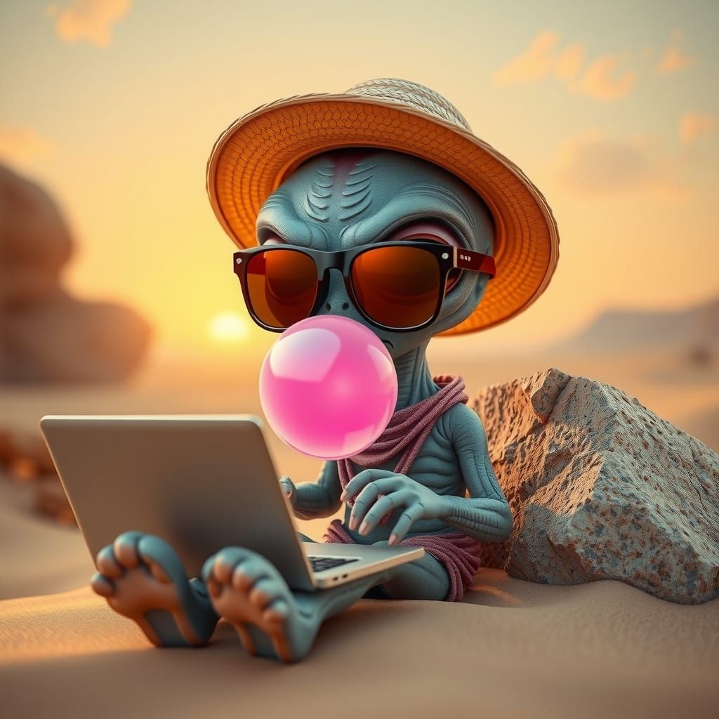 Chibi Alien Blows Pink Bubble in Galaxy Landscape