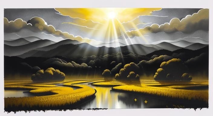 Sunlit Landscape with Kintsugi Elements in Surrealist Style
